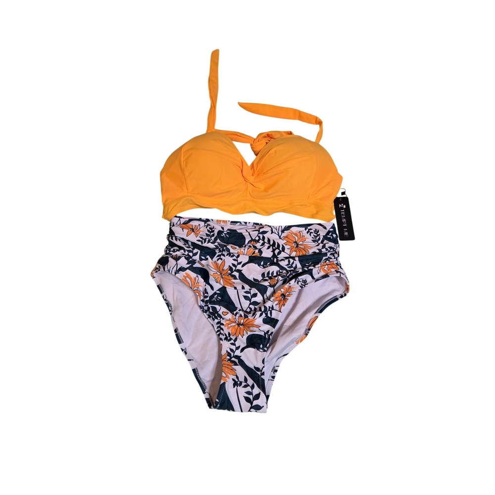 Tempt Me Womens High Waisted Bikini  Yellow Floral Halter Two Piece Swimsuit M